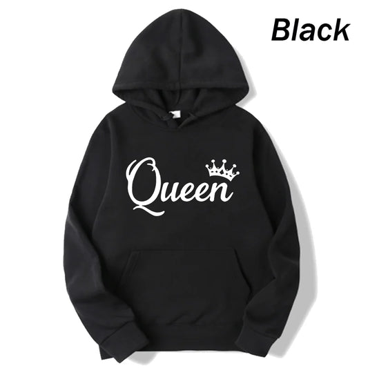 Fashion Men Women Long Sleeve Pullover Hooded Sweatshirts Unisex King and Queen Print Hoodies Casual Streetwear Couple Sweat